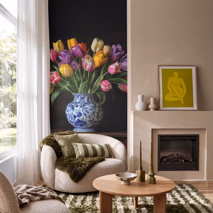 Behang - Tulpen - Kleuren - Hout - Vaas — 1