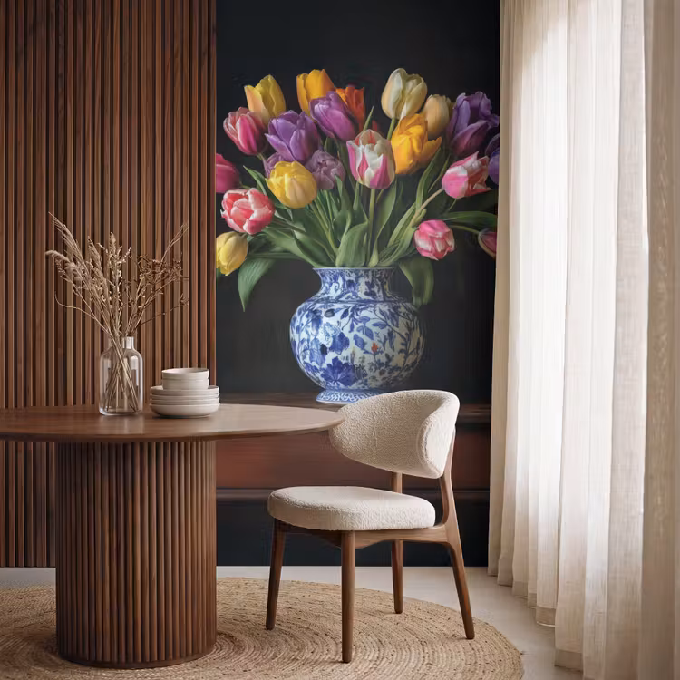 Behang - Tulpen - Kleuren - Hout - Vaas — 4