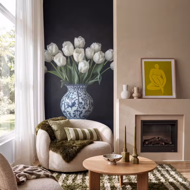 Behang - Wit - Bloemen - Tulpen - Vaas — 1