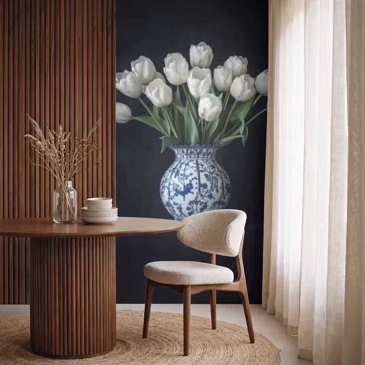 Behang - Wit - Bloemen - Tulpen - Vaas — 4
