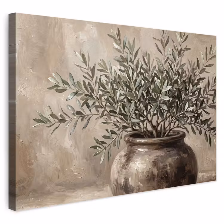 Buiten canvas - Olijfplant - Aardenpot - Abstract - Beige