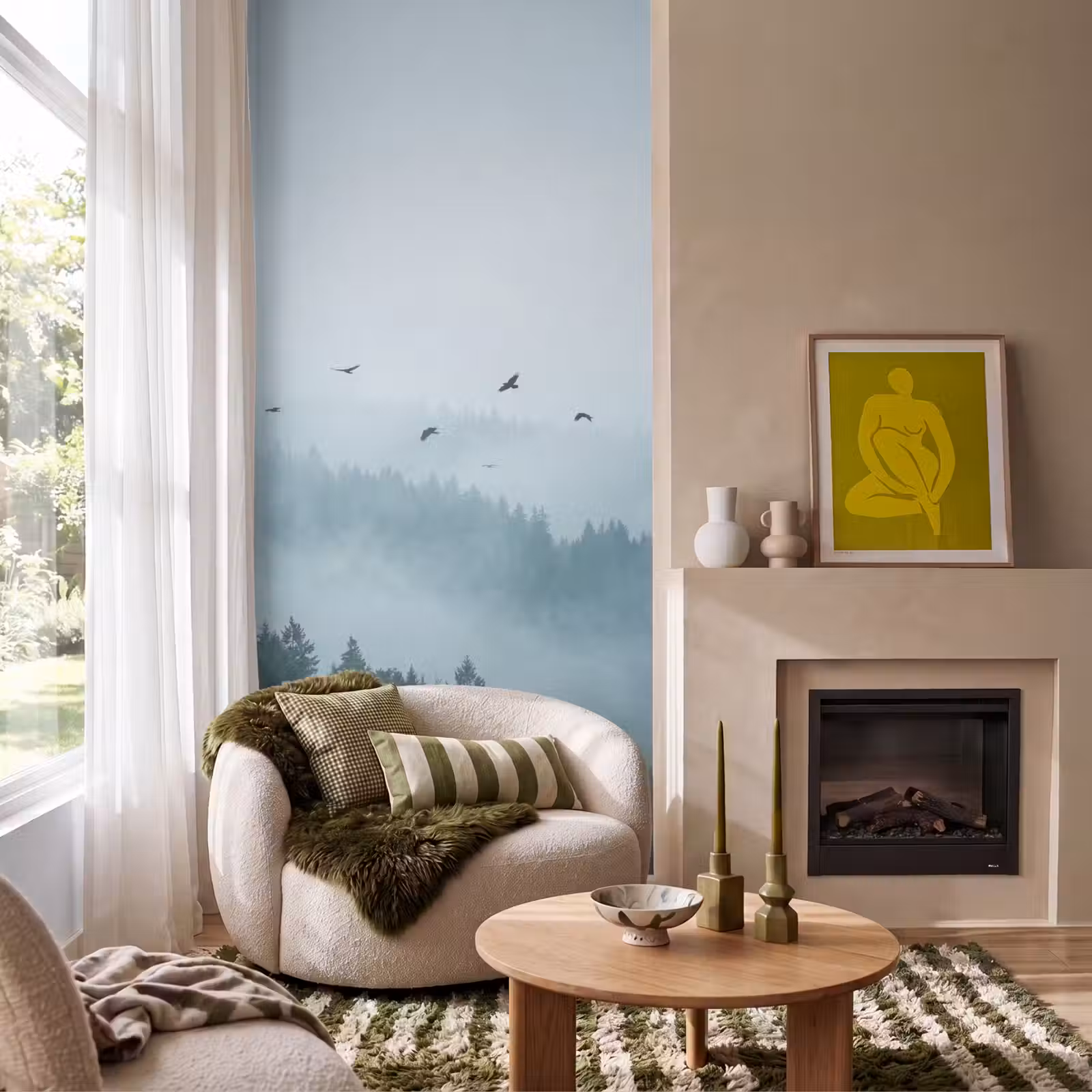 Behang - Bos - Mist - Vogels - Natuur - Groen — 1