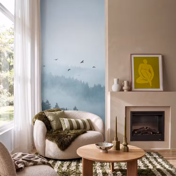 Behang - Bos - Mist - Vogels - Natuur - Groen — 1