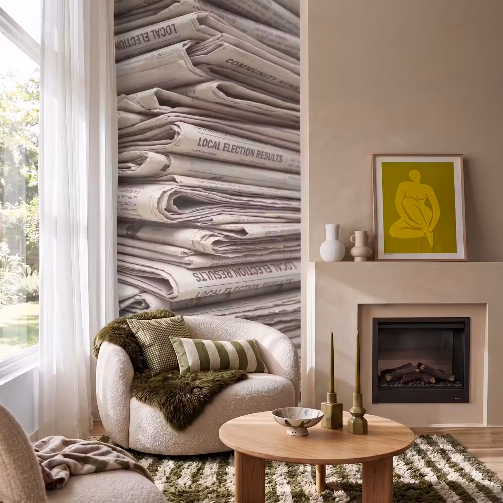 Behang - Kranten - Stapel - Nieuws - Vintage - Beige — 1