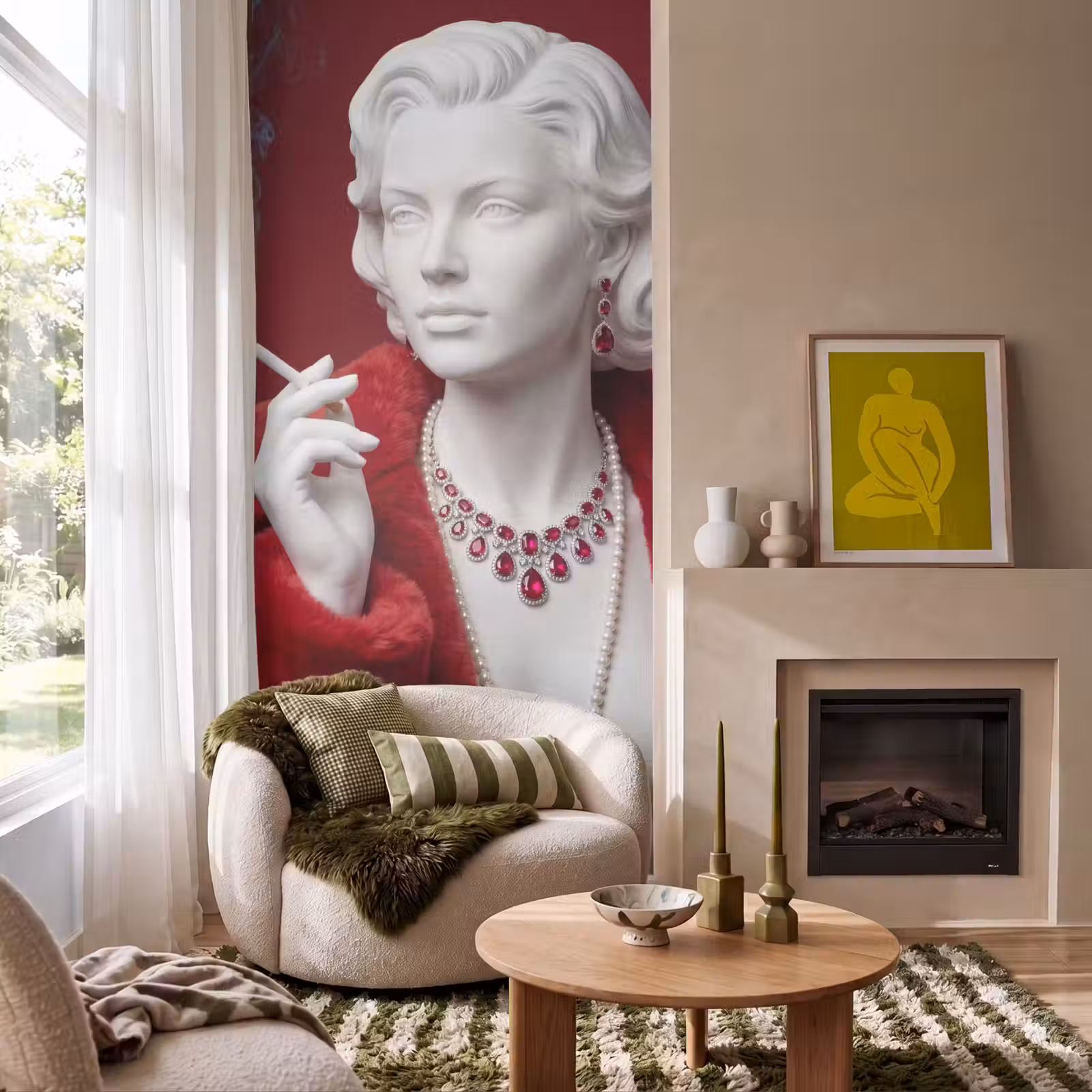 Behang - Vrouw - Bontjas - Mode - Klassiek - Rood — 1