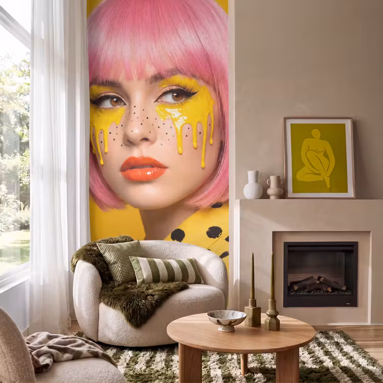 Behang - Vrouw - Portret - Abstract - Kleurrijk - Geel — 1