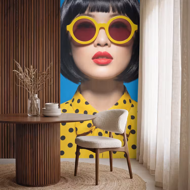 Behang - Vrouw - Zonnebril - Pop Art - Portret - Geel — 4