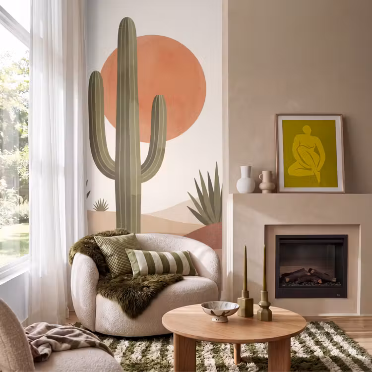 Behang - Cactus Woestijn Zonsondergang Aquarel
