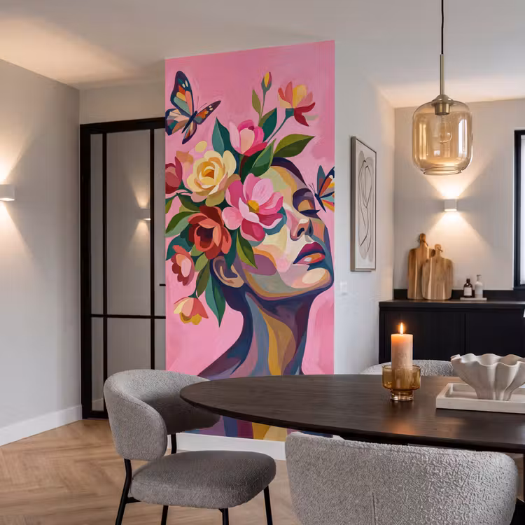Behang - Vrouwengezicht - Vlinders - Kleurrijk — 5