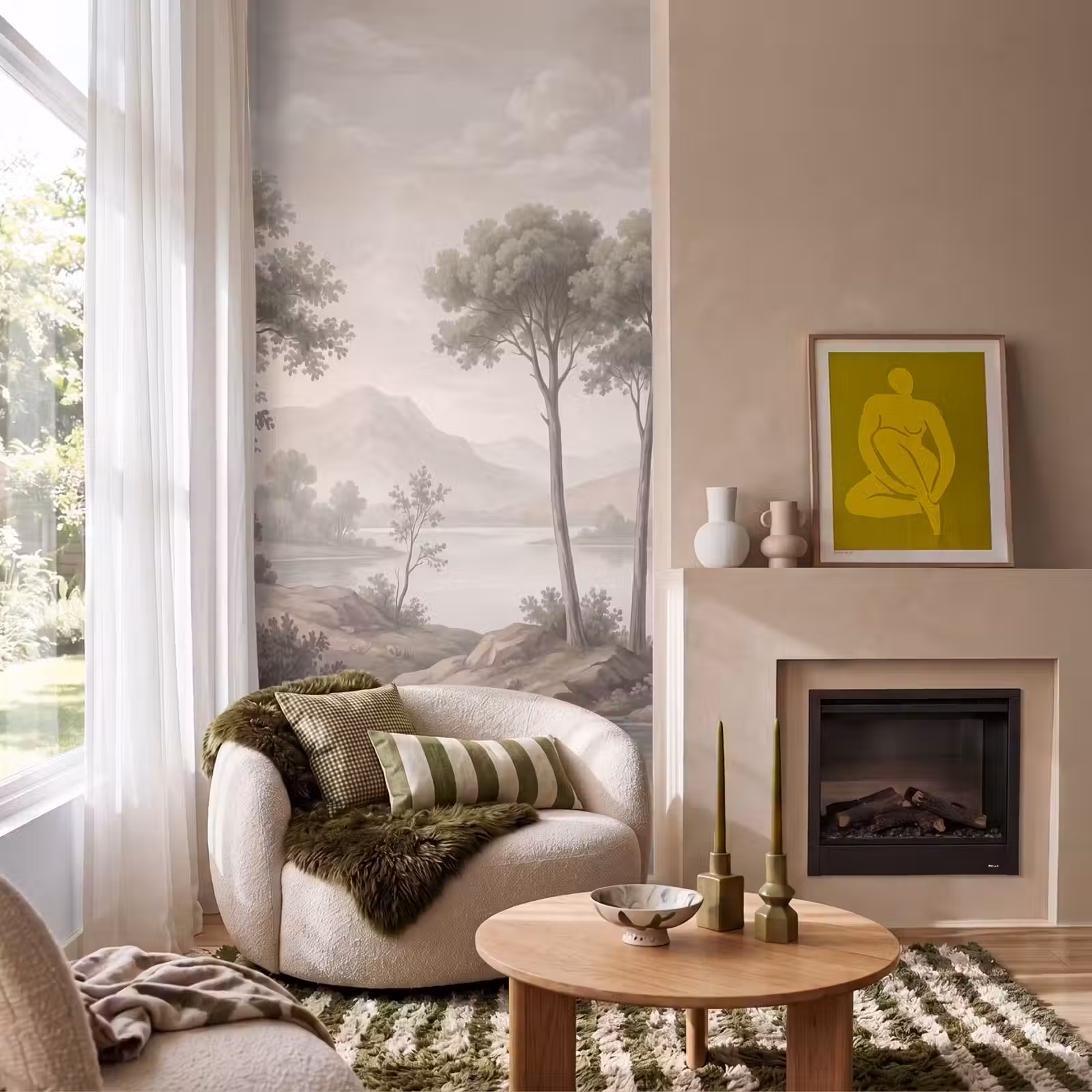 Behang - Bomen - Meer - Bergen - Illustratie — 1