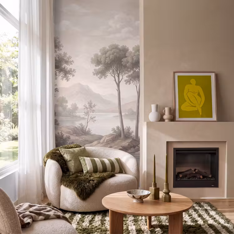 Behang - Bomen - Meer - Bergen - Illustratie — 1
