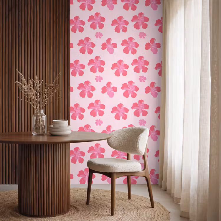 Behang - Hibiscus - Bloemen - Roze — 4