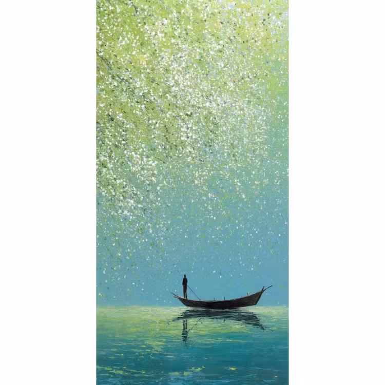 Behang - Roeiboot onder Bloesemtakken — 2