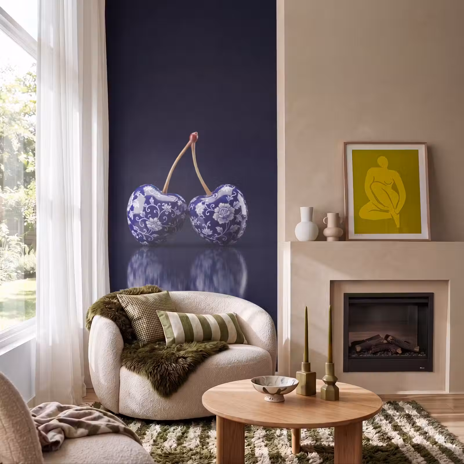 Behang - Porselein- Kersen - Delfts - Blauw — 1