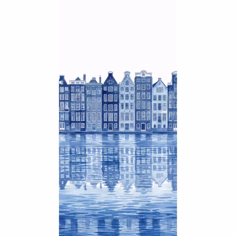 Behang - Aquarel - Grachtenpanden - Delfts - Blauw — 2
