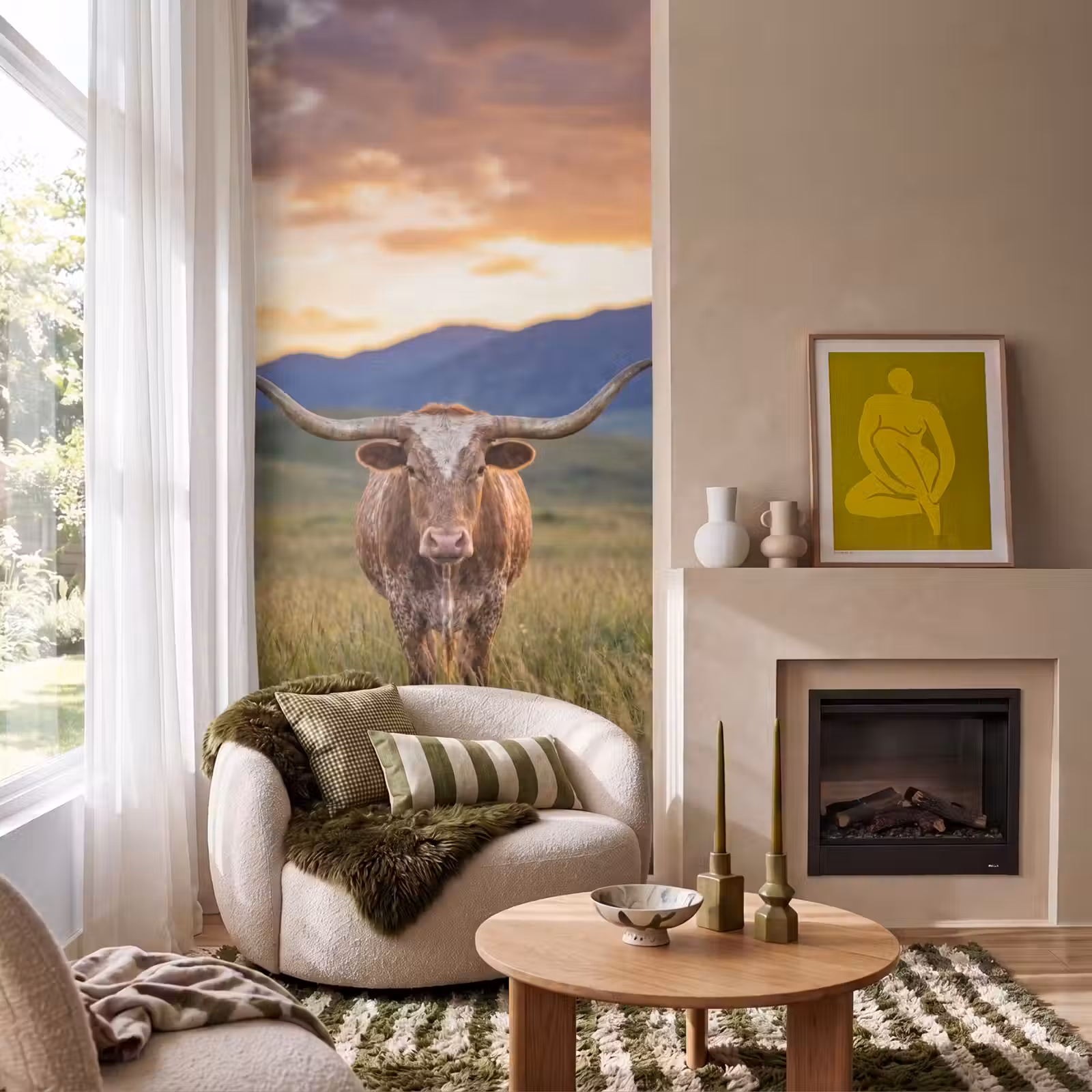 Behang - Longhorn - Landschap - Zonsondergang — 1