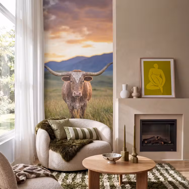 Behang - Longhorn - Landschap - Zonsondergang — 1