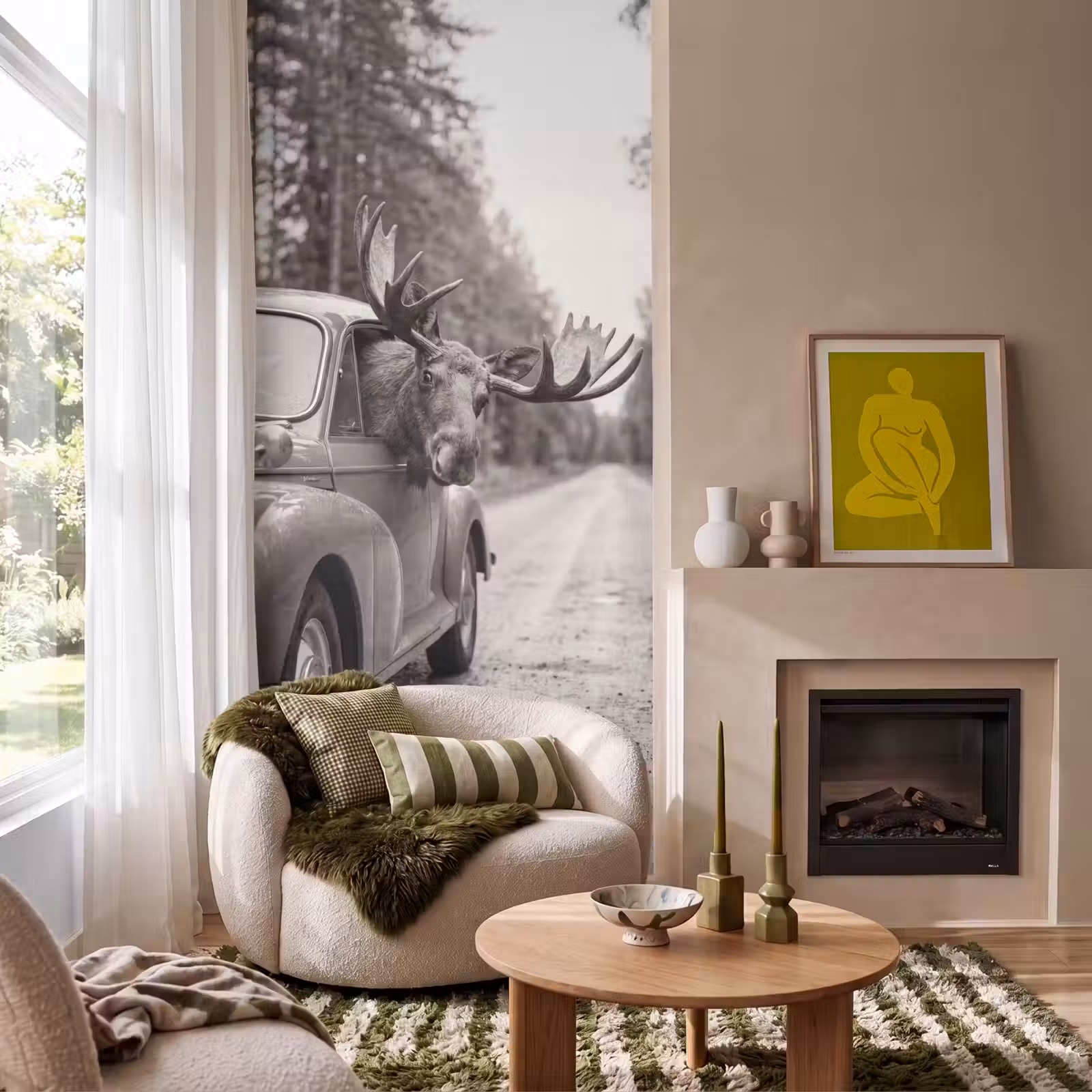 Behang - Eland - Auto - Gewei - Zwart - Wit — 1