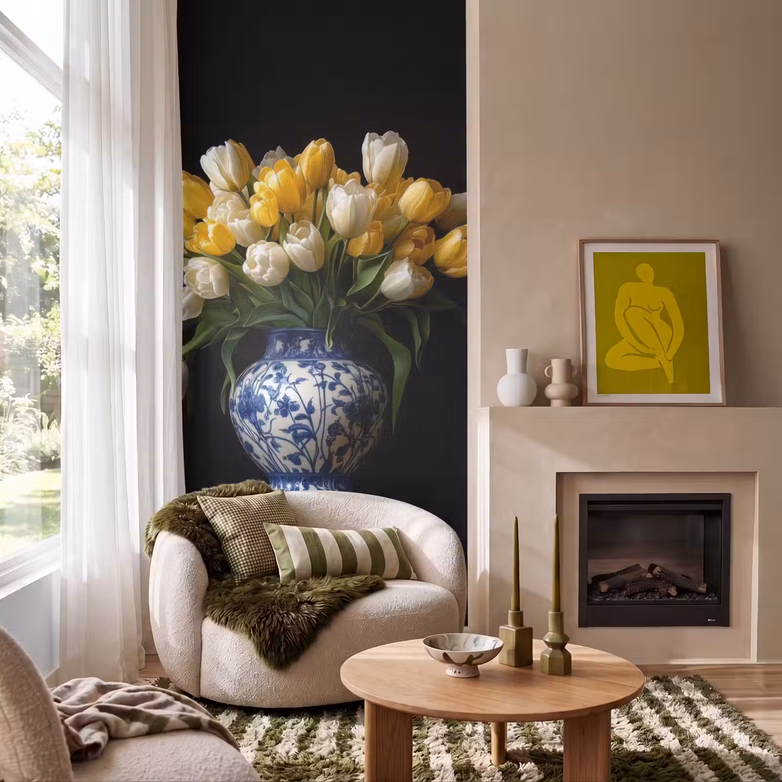 Behang - Geel - Tulpen - Vaas - Bloemen — 1