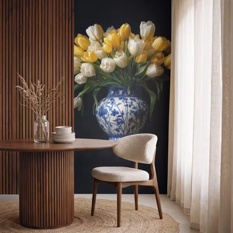 Behang - Geel - Tulpen - Vaas - Bloemen — 4