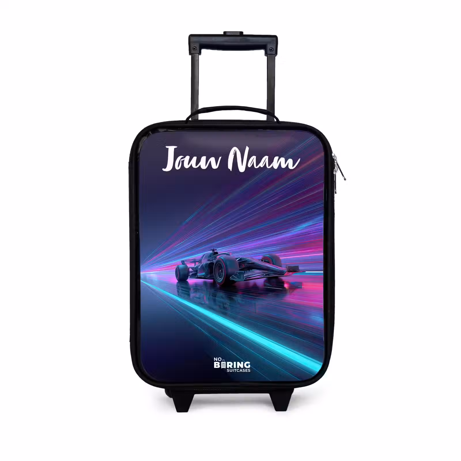 Kinderkoffer met naam - Lichtstralen - Neon - Racewagen - Paars — 1