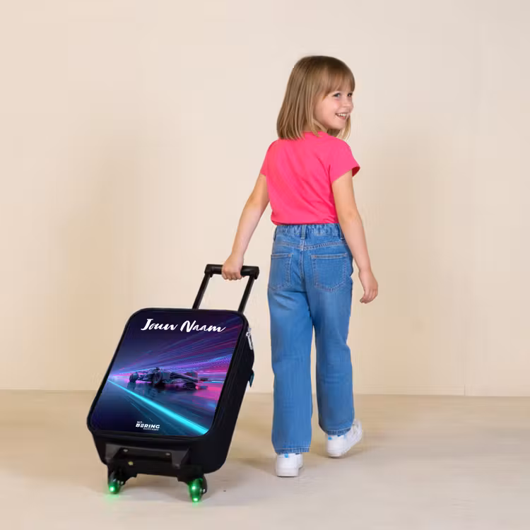 Kinderkoffer met naam - Lichtstralen - Neon - Racewagen - Paars — 2