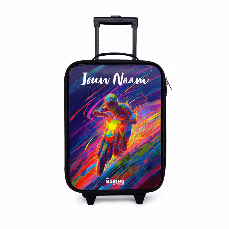 Kinderkoffer met naam - Crossmotor - Neonkleuren - Lijnen - Helm — 1