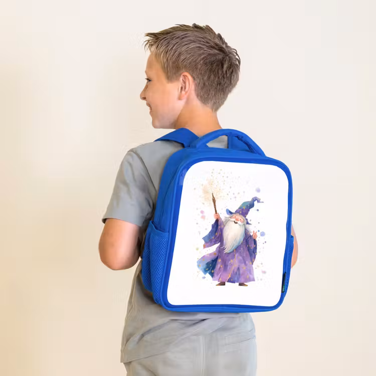 Rugzak kind - blauw - Lachende tovenaar met fonkelende staf — 3
