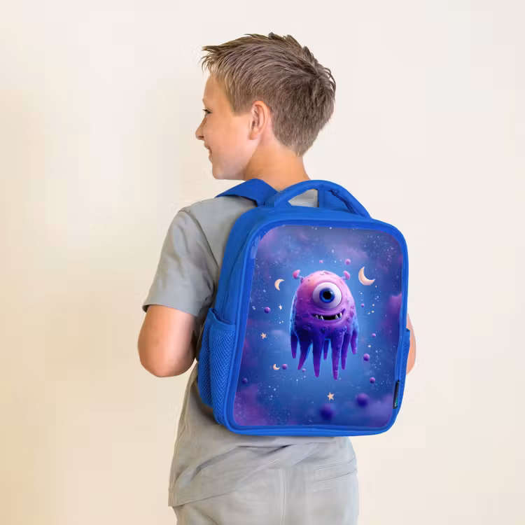 Rugzak kind - blauw - Zwevend druppelvormig ruimtewezen met maanogen — 3