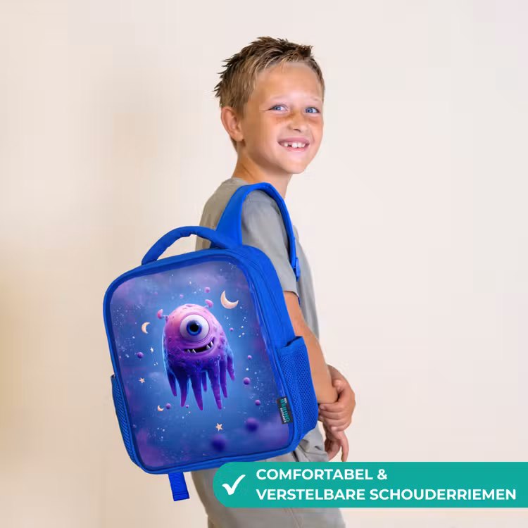 Rugzak kind - blauw - Zwevend druppelvormig ruimtewezen met maanogen — 4