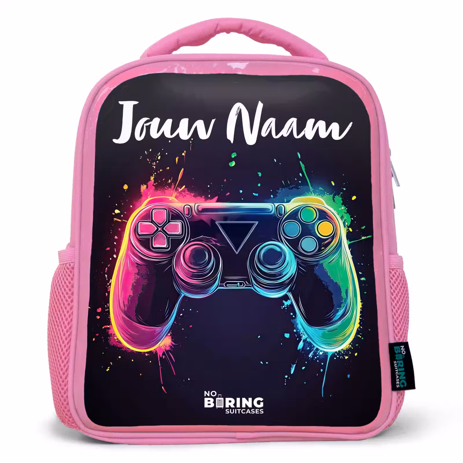 Kinderrugzak met naam - Roze - Neon - Controller - Verfspatten - Game — 1