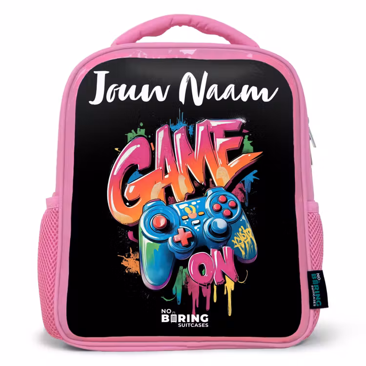 Kinderrugzak met naam - Roze - Controller - Game - Graffiti - Tekst — 1