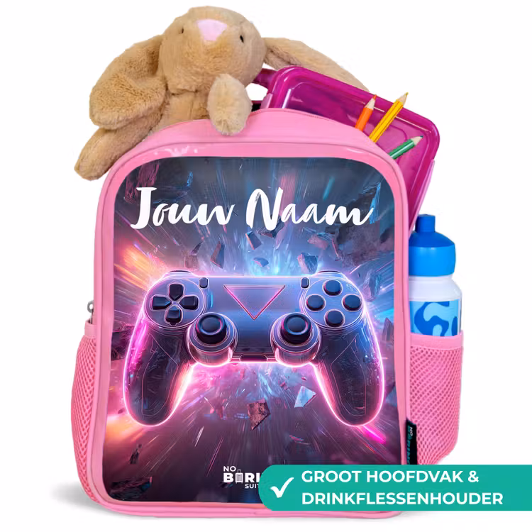 Kinderrugzak met naam - Roze - Controller - Neon - Game — 2