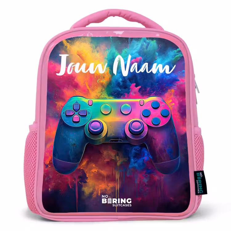 Kinderrugzak met naam - Roze - Game - Controller - Kleurrijk - Explosie — 1