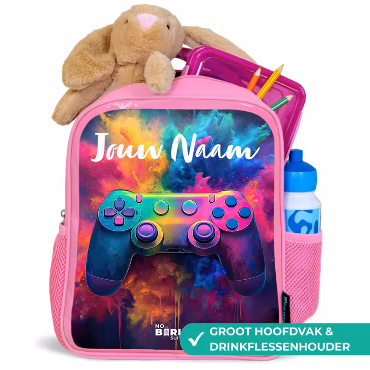 Kinderrugzak met naam - Roze - Game - Controller - Kleurrijk - Explosie — 2