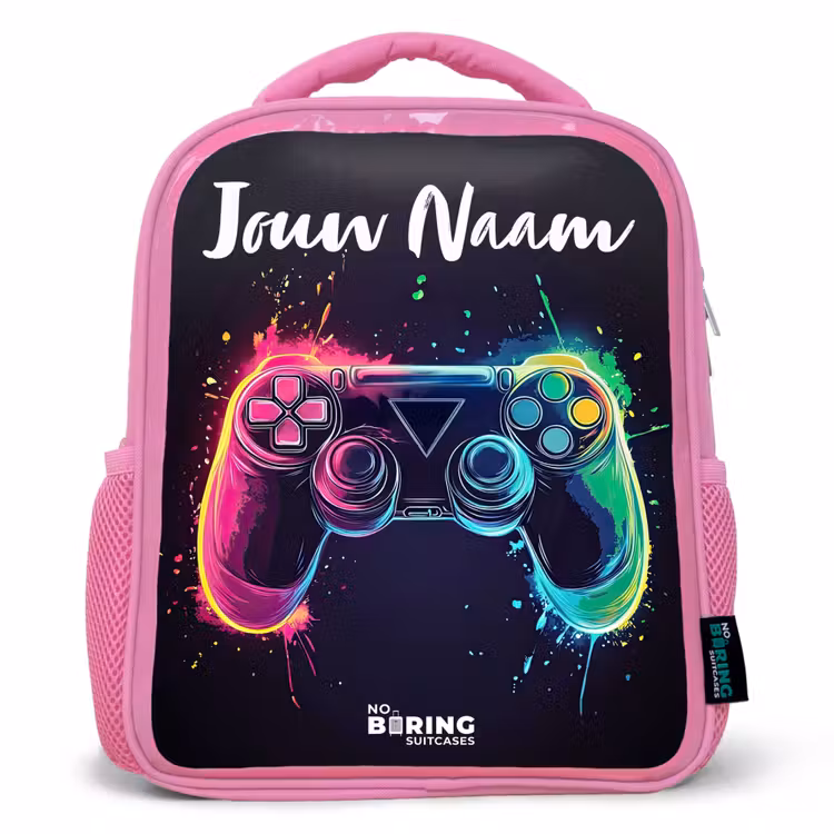 Kinderrugzak met naam - Roze - Neon - Controller - Verfspatten - Game — 1