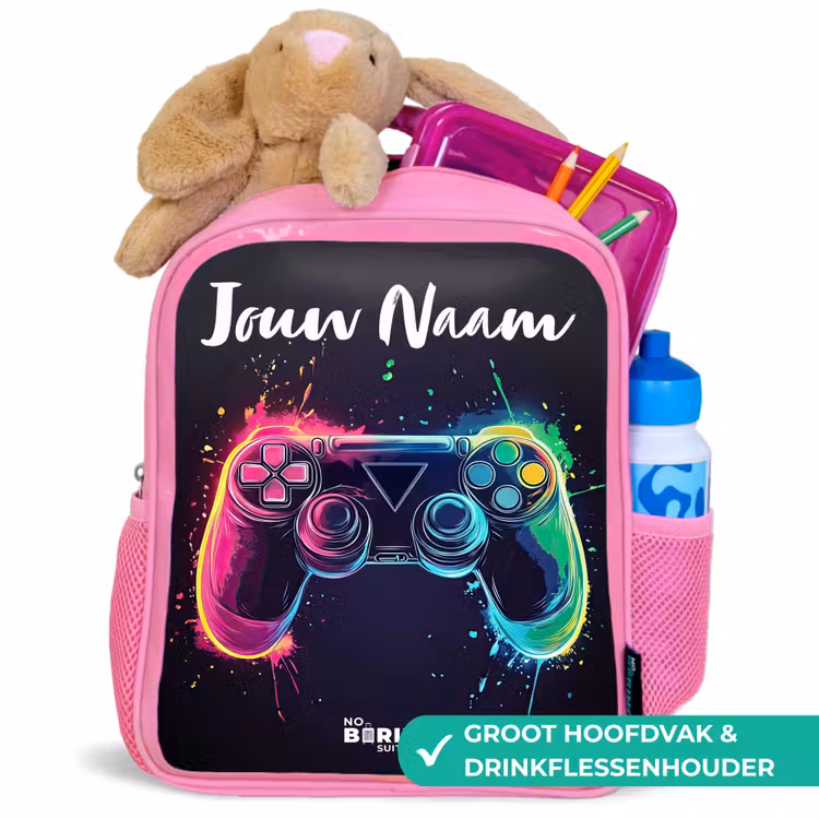Kinderrugzak met naam - Roze - Neon - Controller - Verfspatten - Game — 2