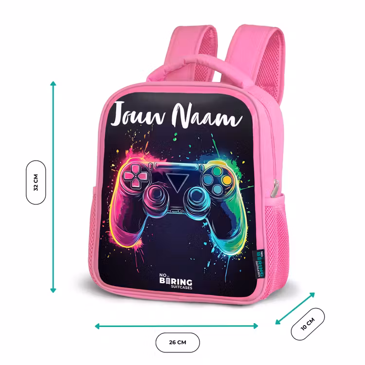 Kinderrugzak met naam - Roze - Neon - Controller - Verfspatten - Game — 3