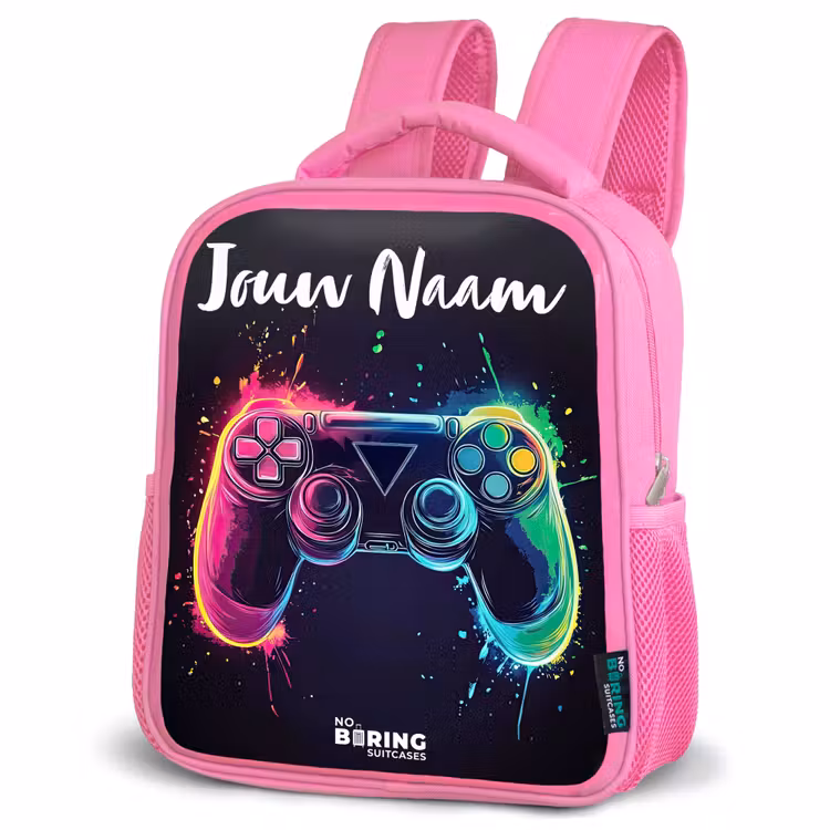 Kinderrugzak met naam - Roze - Neon - Controller - Verfspatten - Game — 4