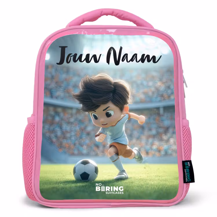 Kinderrugzak met naam - Roze - Jongen - Voetbal - Stadion - Zonlicht — 1
