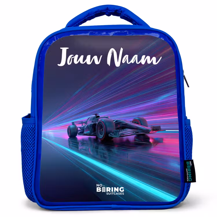 Kinderrugzak met naam - Blauw - Lichtstralen - Neon - Racewagen - Paars — 1