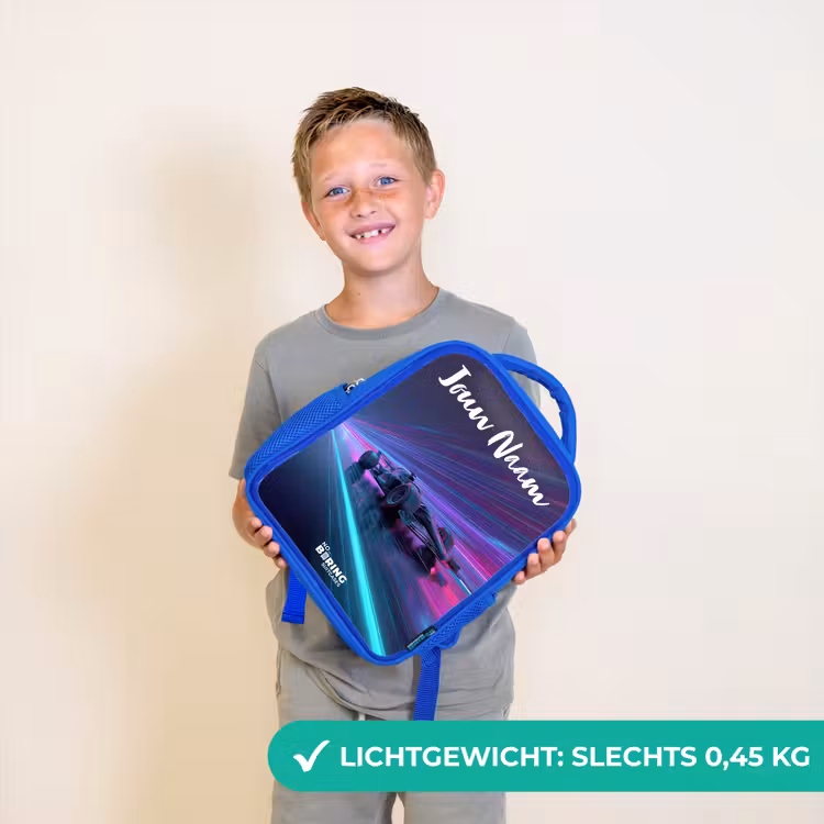 Kinderrugzak met naam - Blauw - Lichtstralen - Neon - Racewagen - Paars — 2