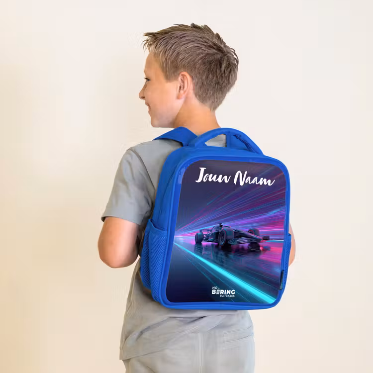 Kinderrugzak met naam - Blauw - Lichtstralen - Neon - Racewagen - Paars — 3