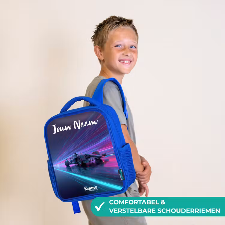 Kinderrugzak met naam - Blauw - Lichtstralen - Neon - Racewagen - Paars — 4