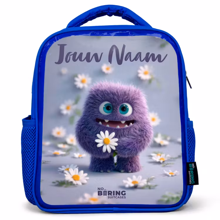 Kinderrugzak met naam - Blauw - Paars Pluizig Vriendje met Madelief — 1