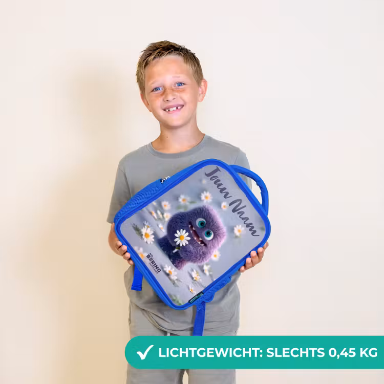 Kinderrugzak met naam - Blauw - Paars Pluizig Vriendje met Madelief — 2