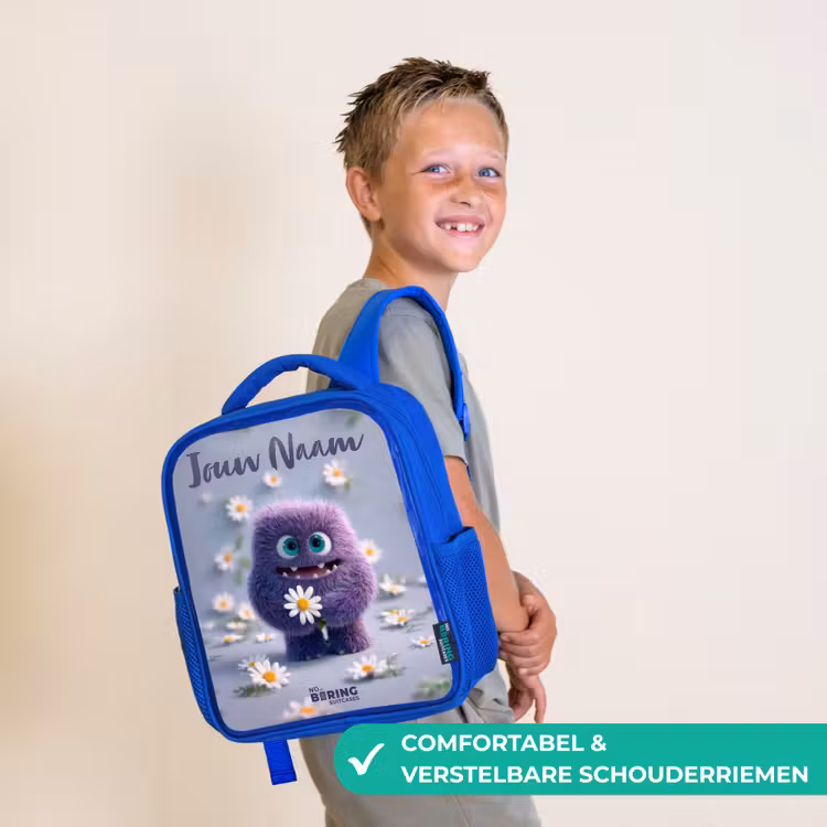 Kinderrugzak met naam - Blauw - Paars Pluizig Vriendje met Madelief — 4