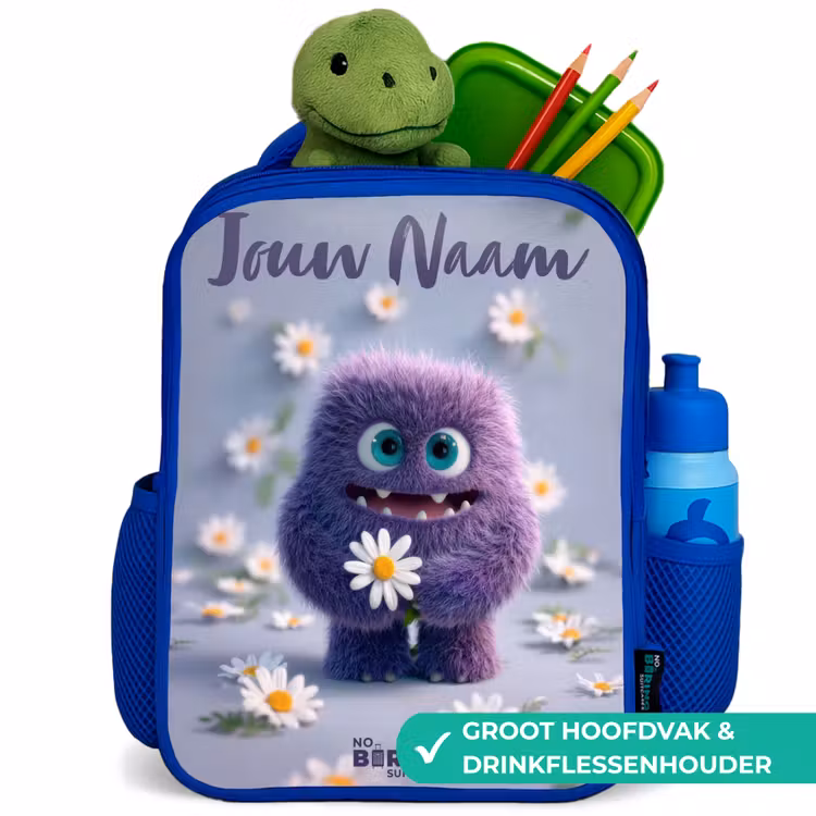 Kinderrugzak met naam - Blauw - Paars Pluizig Vriendje met Madelief — 6