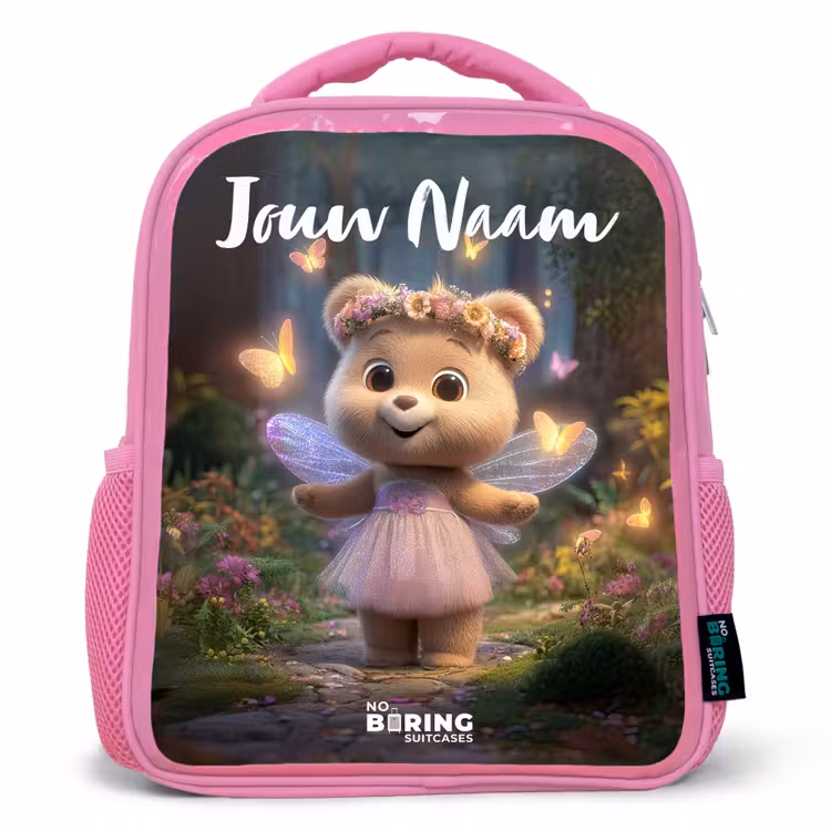 Kinderrugzak met naam - Roze - Beer - Vlinders - Bos - Fairy — 1