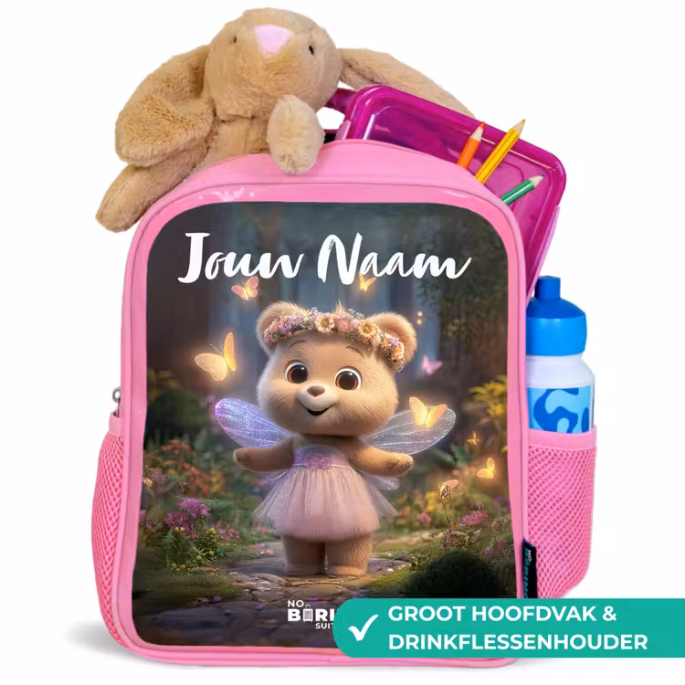 Kinderrugzak met naam - Roze - Beer - Vlinders - Bos - Fairy — 2